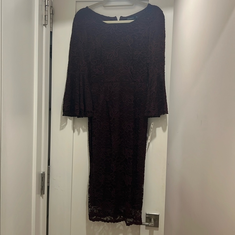 Burgundy lace pencil knee length dress with bell sleeves